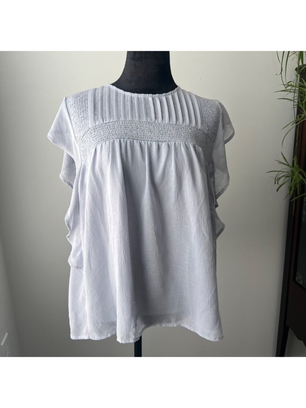 Entro Light Blue Smocked Flutter-Sleeve Blouse - Size M